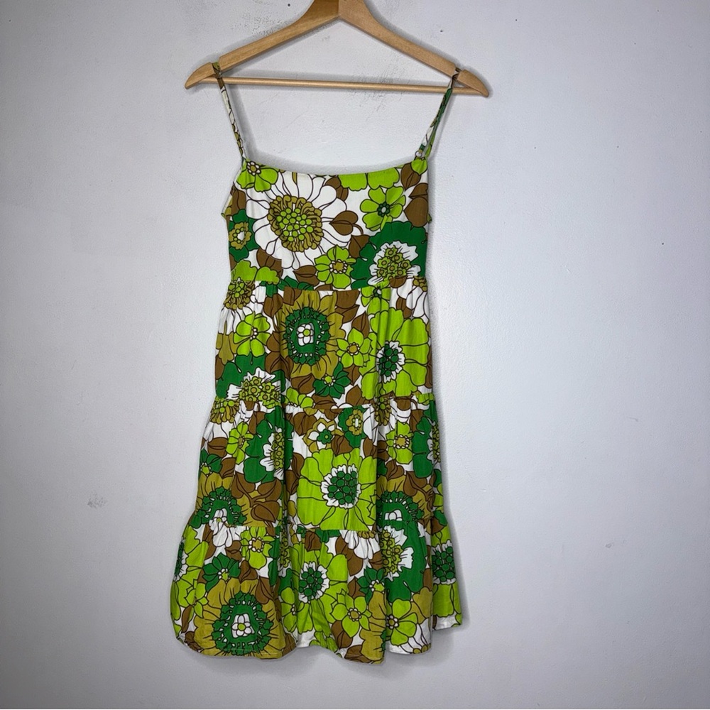 Faithfull The Brand Cecelie Mini Dress Green Brown Floral Cotton Size 2